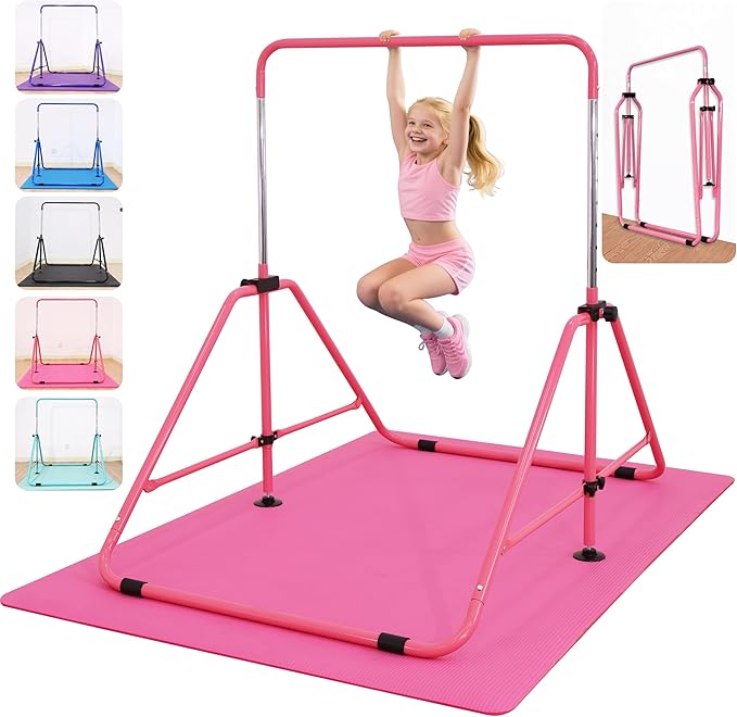 MARFULA Foldable Gymnastic Bar for Kids Ages 3-9, 9 Height Levels, 200 lbs Weight Capacity, 5 Ft Length Gymnastic Kip Bar with Mat, Gymnastic Equipment for Home and Gym Center Indoor Outdoor Use