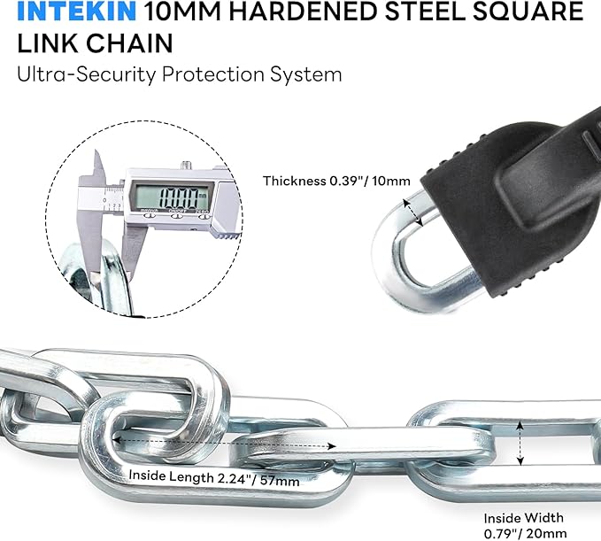 Heavy Duty Security Chain - Hardened Steel 3.3 ft x 3/8" Thick Square Bike Lock Chain for Bikes, Containers, Motorcycles, Trailers, ATV's
