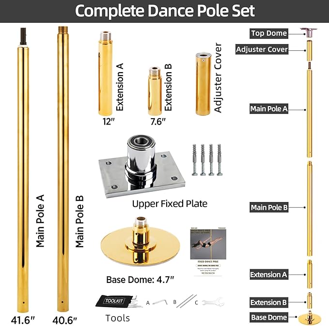 PRIOR FITNESS Permanent Fixed Dance Pole Kit, Professional 45mm Spinning & Static Dancing Pole Heavy-Duty Steel Pole Dance for Home, Adjustable Height Excellent for Home Exercise Studio Club Gym