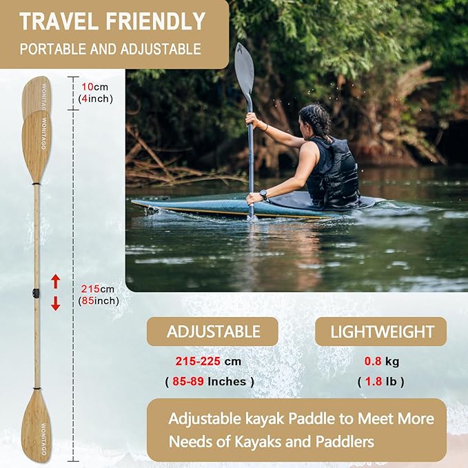 Full Carbon Fiber Kayak Paddle with Large Paddle Blade, 2-Piece, Floating Adjustable Kayak Paddles with Paddle Bag, 215-225 cm/85-89 Inches