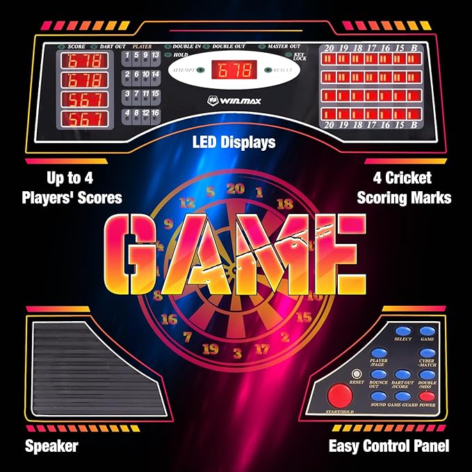 WIN.MAX Electronic Dart Board Cabinet Set, LED Electric Digital Soft Tip Dart Boards for Adults with Cabinet, up to 16 Players, 38 Games and 211 Variations with 12 Soft Tip Dartboard Set