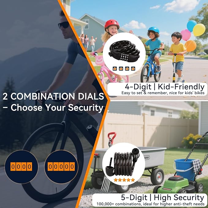SEPOX® 4Pcs Pack 6FT Extra Long Cable Combination Bike Locks, 5 Digits Retractable Security Lock, 12mm Heavy Duty Anti Theft Anti Rust Cable for Bicycle, Scooter, Gate, Outdoor Equipment, Weatherproof