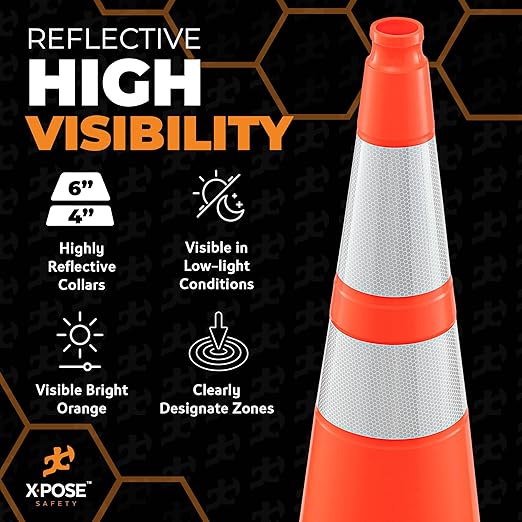 Xpose Safety 36 Inch Orange Traffic Cones with 6" & 4" Collars, 12-Pack - Multipurpose PVC Plastic Safety Cone for Parking, Soccer, Caution, Kids and Construction - DOT Approved