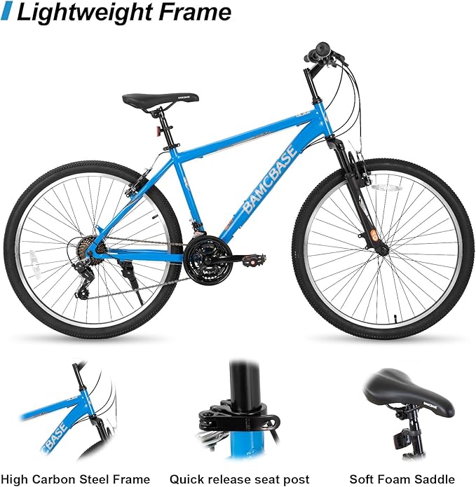 HILAND 26 27.5 29 Inch Mountain Bike, Mens and Womens MTB with 21 Speeds, High-Tensile Steel Frame, V Brake, Hardtail Bicycle for Adults