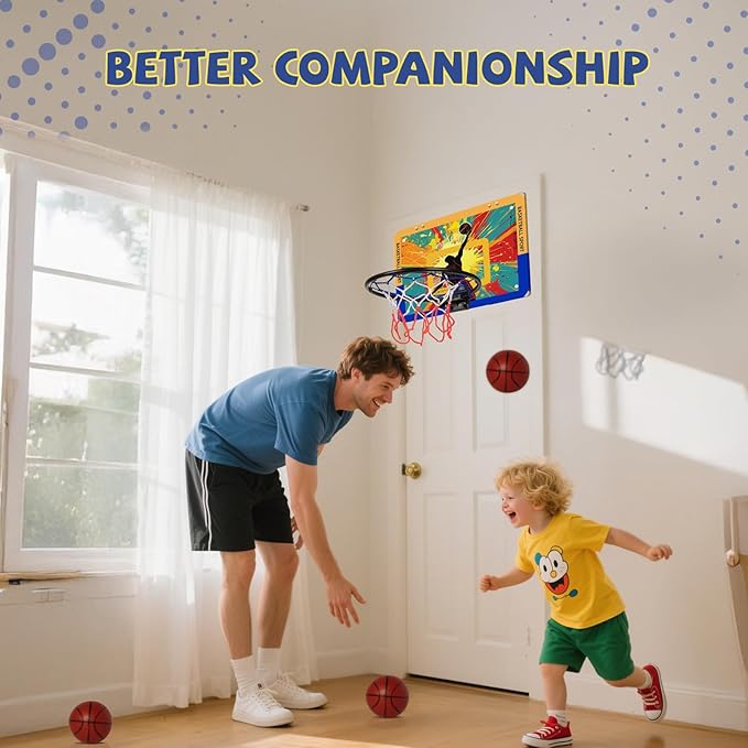 Silent Indoor Mini Basketball Hoop - Large Backboard with 3 Mounting Options, 3 Rims, 3 Balls & Pump