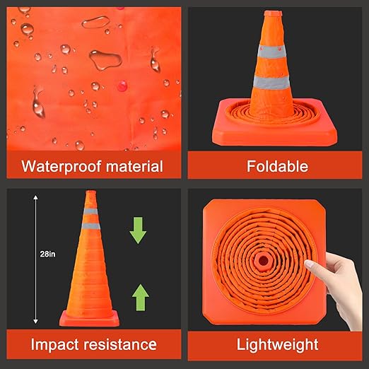 [4 Pack]28 Inch Collapsible Traffic Safety Cones - Parking Cones with Reflective Collars, Orange Safety Cones for Parking lot, Driveway, Driving Training etc