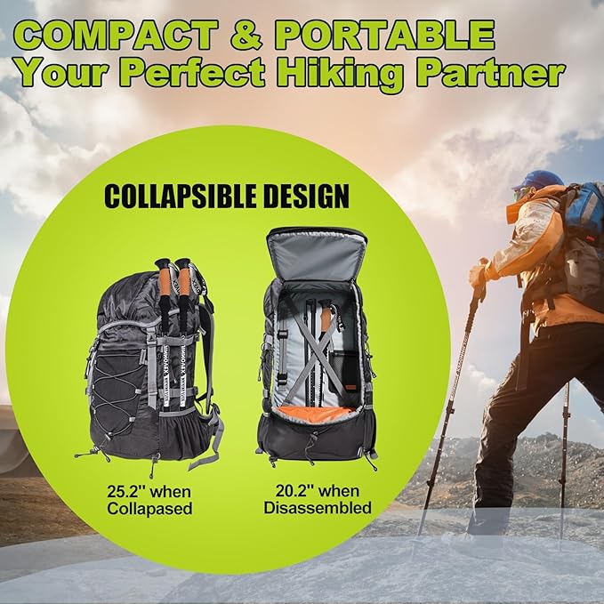 Trekking Poles - Lightweight, Collapsible, Adjustable Hiking Poles with Quick Flip Lock, 7075 Aluminum, Natural Cork Grip, Anti Shock Walking Sticks for All Terrain, Men and Women, 2 Pack