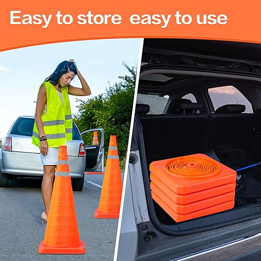 [12 Pack]28 Inch Collapsible Traffic Safety Cones - Parking Cones with Reflective Collars, Orange Safety Cones for Parking lot, Driveway, Driving Training etc