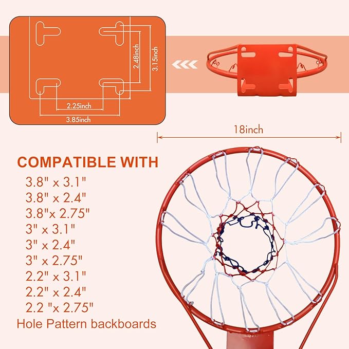 Basketball Rim Goal 18 ", Replacement Basketball Rim Goal Hoop Net for Indoor Outdoor