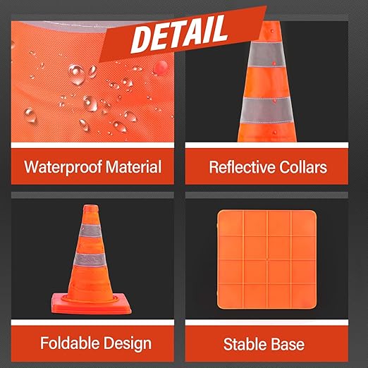 RoadHero 18 Inch 20 Pack Collapsible Traffic Safety Cones, Multi Purpose Pop-up Cones with Reflective Collar for Road Safety, Orange Cones for Driving Training, Parking Lots