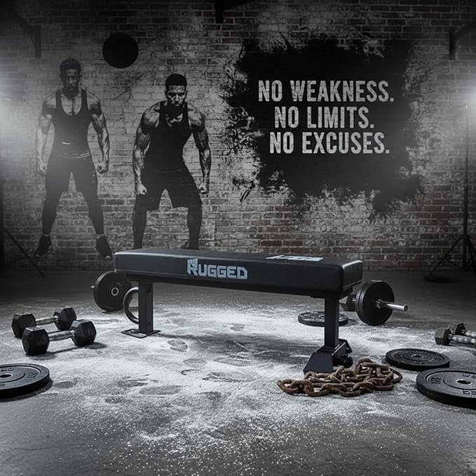 RUGGED STRENGTH Flat Weight Bench - 47” Heavy Duty 2x3” Steel Frame, 3.5” Thick Cushion, 1500 LB Capacity – Commercial Grade Workout Bench for Home Gym & Strength Training