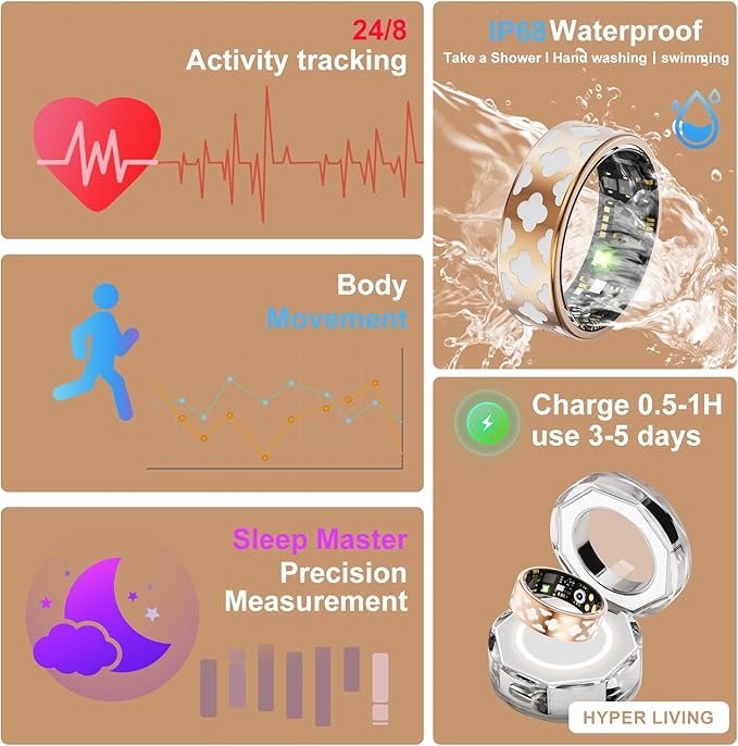 Smart Ring Health Tracker, Sleep Tracker Ring with Heart Rate, Blood Oxygen, Sleep Quality Monitoring, Air Gesture (Black, Size 7-14)