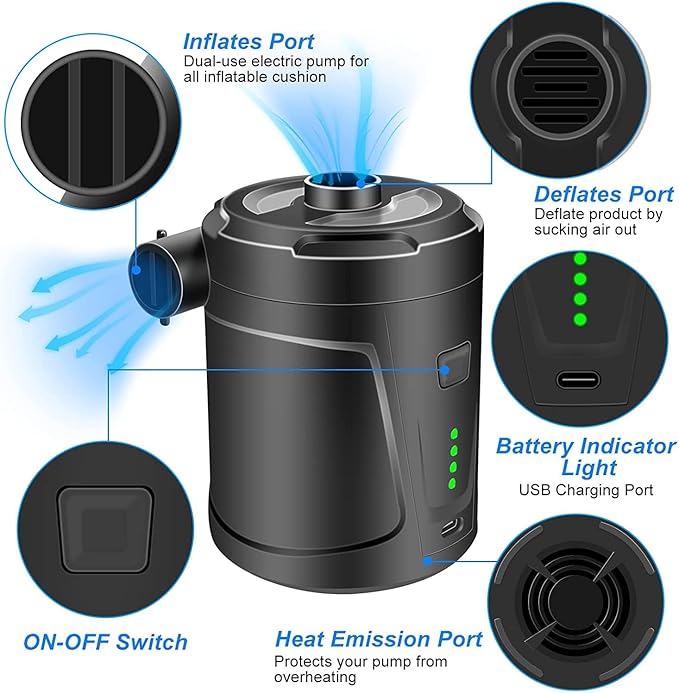 Electric Air Pump for Inflatables 5200mAh Air Mattress Pump Rechargeable Portable Mini Inflator/Deflator Pumps for Outdoor Camping, Inflatable Cushions, Air Mattress Beds, Swimming Ring Pool Toys