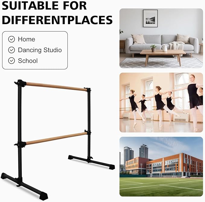 4FT/6FT Freestanding Ballet Barre Wood/Steel Height Adjustable from 7 to 46 inch Ballet Bar Portable Double Dance Bar for Home Workout and Stretch