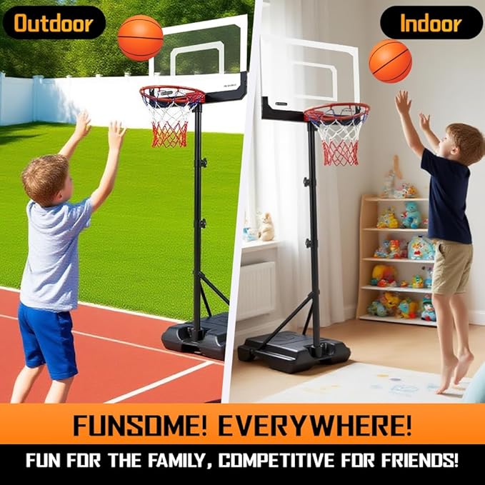 Kids Portable Basketball Hoop, Adjustable Height 38-75in/3.2-6.2FT Tall Toddler Basketball Toy, Fillable Base, Indoor Outdoor Backyard Pool Sport Game Gift for Boy Girl Ages 3 4 5 6 7 8 Years Old