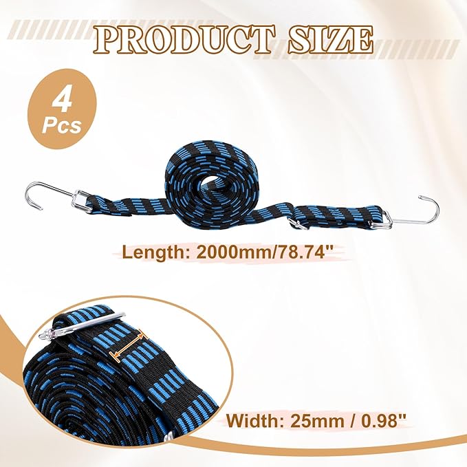 uxcell 4Pcs Adjustable Bungee Cords with Hooks, 79 Inch Flat Heavy Duty Elasticity Straps Rubber Bungee Cords with Buckle for Outdoor, Camping, Tarp, Bike Rack, Luggage, Black Blue