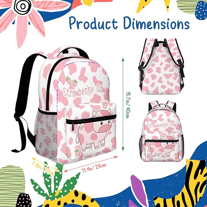 Cute Pink Strawberry Cow Print Backpack for Boys Girls Bookbags Lightweight Adjustable Elementary Middle High School Bags for Kids Children Teenagers Travel Daypack Laptop Hiking Backpacks