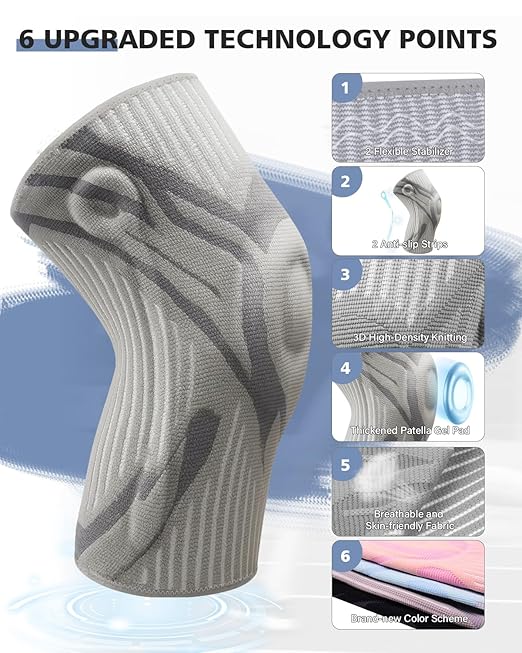 Knee Compression Sleeve, Knee Brace for Men & Women, Knee Support for Running, Basketball, Workout, Gym, Hiking, Sports, Gray, X-Large
