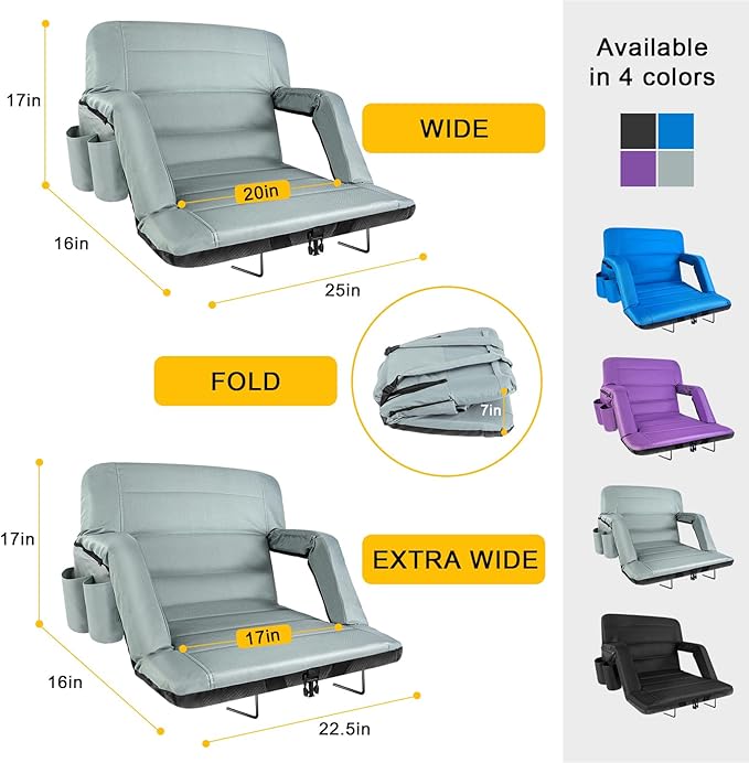 Stadium Seats with Back Support 2 Pack Wide, Exclusive Bleacher Chairs with Back and Cushion Folding Stadium Chairs, 6 Reclining Positions Waterproof Bleacher Seats (Wide|22.5" Grey)
