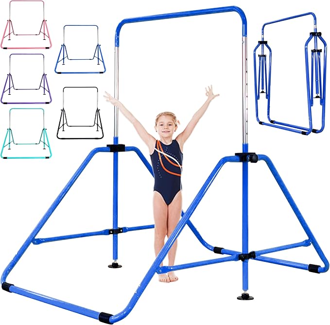 MARFULA Foldable Gymnastic Bar for Kids Ages 3-9, 9 Height Levels, 200 lbs Weight Capacity, 5 Ft Length Gymnastic Kip Bar with Mat, Gymnastic Equipment for Home and Gym Center Indoor Outdoor Use