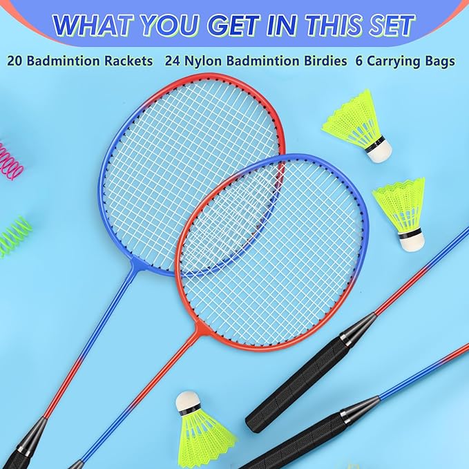 20 Pcs Badminton Rackets Set with 24 Shuttlecocks and 6 Carrying Bags, Sturdy Lightweight Badminton Rackets Racquet for Adults Beginners Indoor Outdoor Backyards