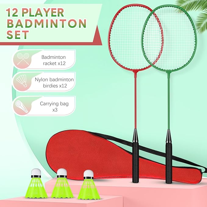 12 Pack Badminton Rackets Set Including Rackets, Nylon Shuttlecocks and Carry Bag for Outdoor Backyard Games Beginners