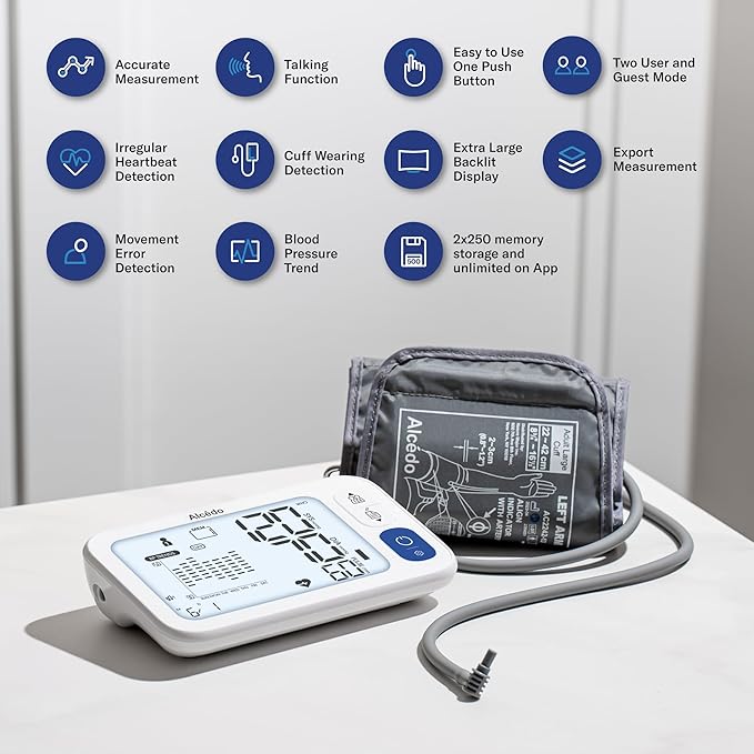 Alcedo Bluetooth Blood Pressure Monitor for Home Use, Accurate Upper Arm Smart BP Machine with Wide Range Cuff, App-Enabled for iOS & Android, Super Large Backlit Screen, 2 x 250 Memory
