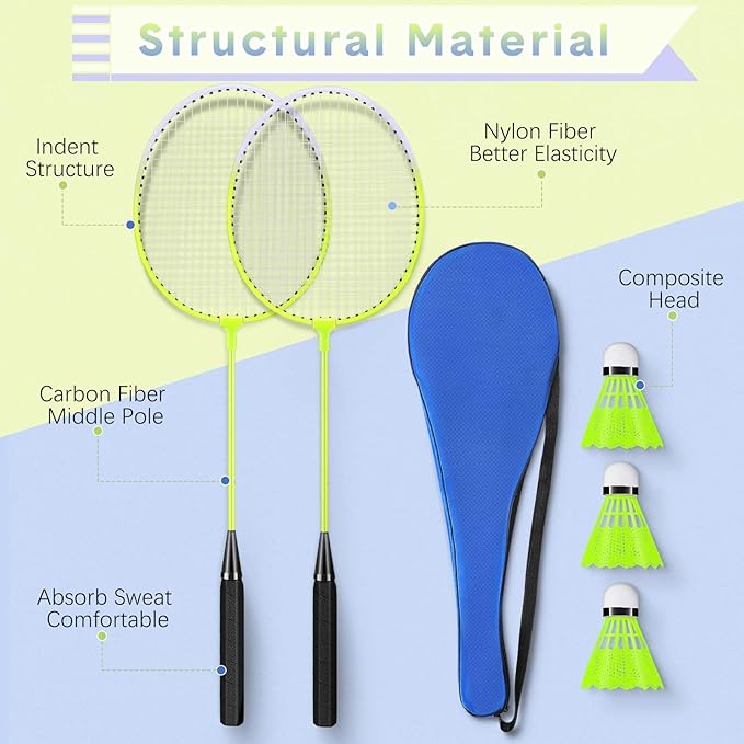 12 Pack Badminton Rackets Set Including Rackets, Nylon Shuttlecocks and Carry Bag for Outdoor Backyard Games Beginners