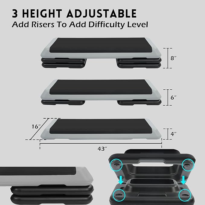 Fitvids Step Aerobic Platform, Exercise Step with 5 levels Adjustable Height, 4 Stackable Risers, Fitness Training Workout Stepper for Home Gym, Cardio Strength, Multiple Options