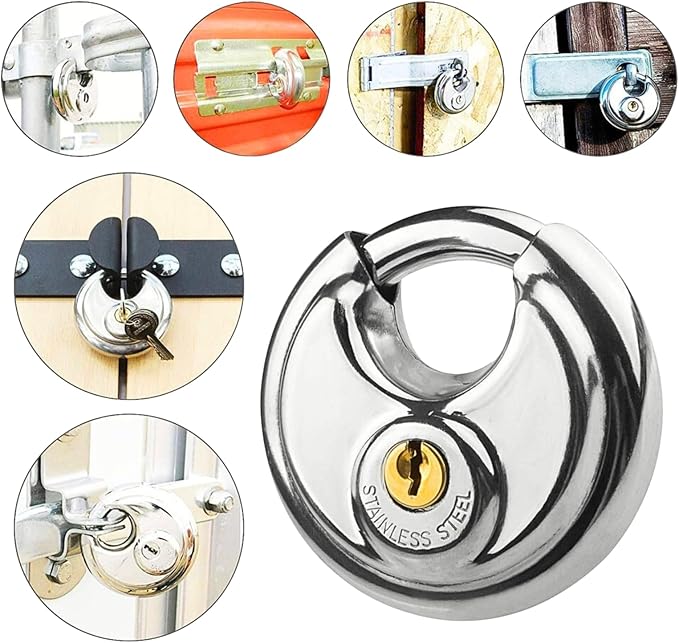70MM Discus Padlock with Same 3 Brass Keys,304 Stainless Steel Disc Lock with Brass Gallows to Prevent Rusting,Thick Sturdy Hook to Prevent Picking.12 Pack-XZJYYF