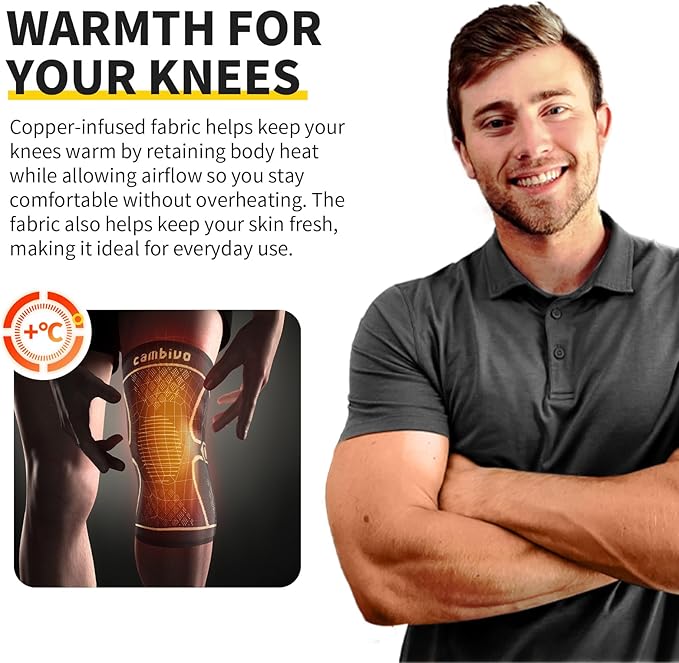 CAMBIVO Copper Knee Braces for Men and Women (2 pack) -Knee Supports Copper Compression Knee Sleeve for Knee Pain, Arthritis, Sports and Recovery Support