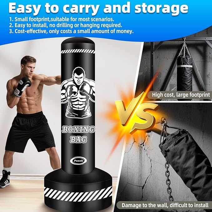 Standing Punching Bag for Adults Teens, 70" Heavy Punching Bag with Stand, Heavy Bag Inflatable Kick Boxing Bag Training Equipment Bags for Training MMA Muay Thai Fitness