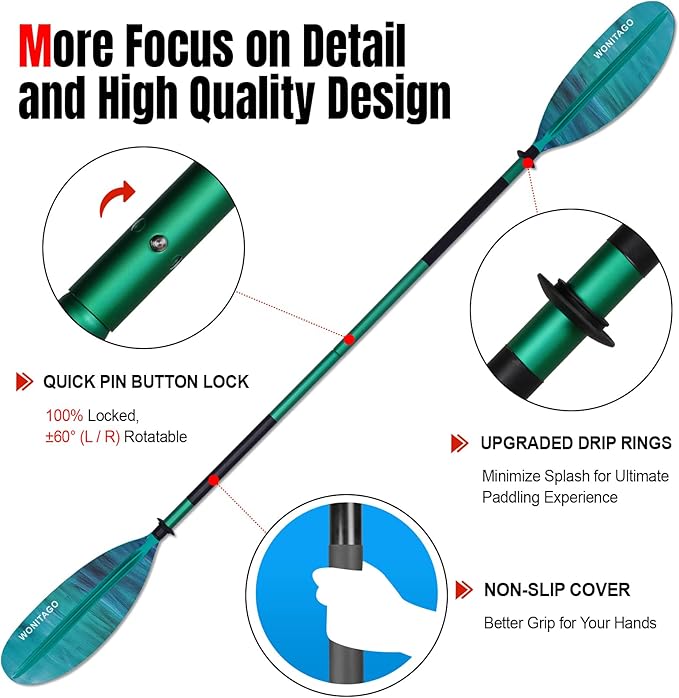 Kayak Paddle with Aluminum Shaft and Reinforced PP Blade, Floating Kayak Oar for Kayaking Canoeing and Boating, 220 cm/86 inches - 230 cm/90 inches