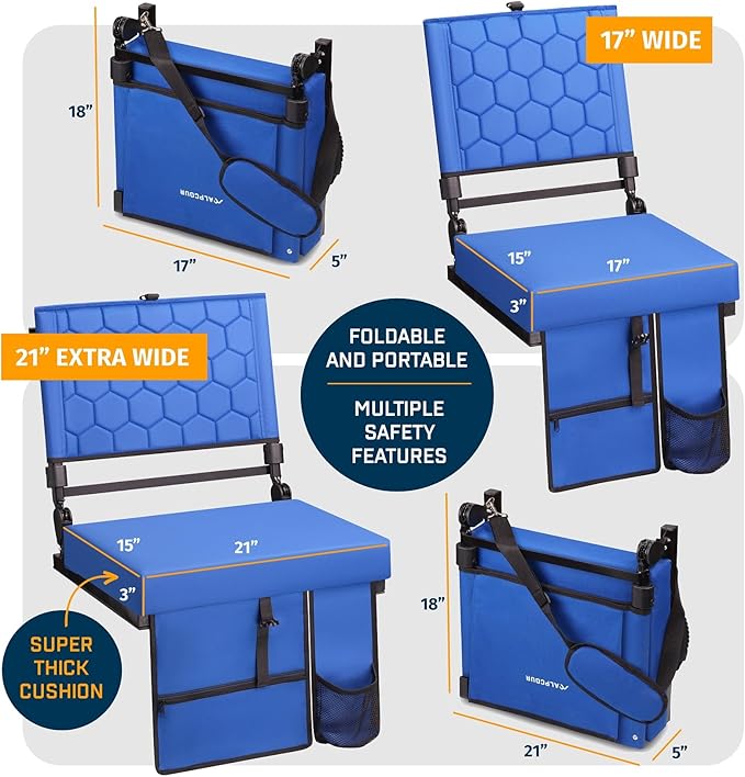 Extra Wide Folding Reclining Stadium Seat with Back Suppot for Bleachers, Bleacher Hooks, Thick Cushion, Cup Holder, Storage Pockets – Portable Chair for Kayak, Canoe, Paddle Board, Concerts, & Sports