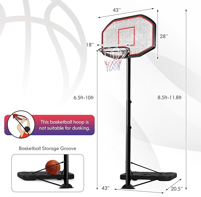 Goplus Portable Basketball Hoop Outdoor, 6.5FT- 10FT Height Adjustable Basketball Stand with Wheels, 44Inch Backboard, Fillable Base, Indoor Outdoor Basketball Goal System for Adults