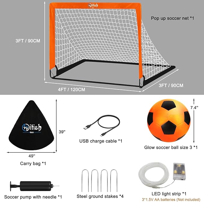 Kids Soccer Goals Set for Backyard - Portable Pop Up Light Soccer Net for Toddler Age 3-5 6-8 8-10 10-12 and Glow in The Dark Ball - Youth Target Soccer Games Sports Gift for Outdoor, 4 x3Ft