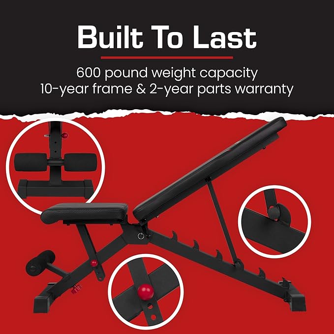 Adjustable Bench By Core Home Fitness, Foldable Weight Bench, Incline/Decline/Flat Bench, 7 Back Adjustments, Adjustable Seat, Black/Red (51MAB)