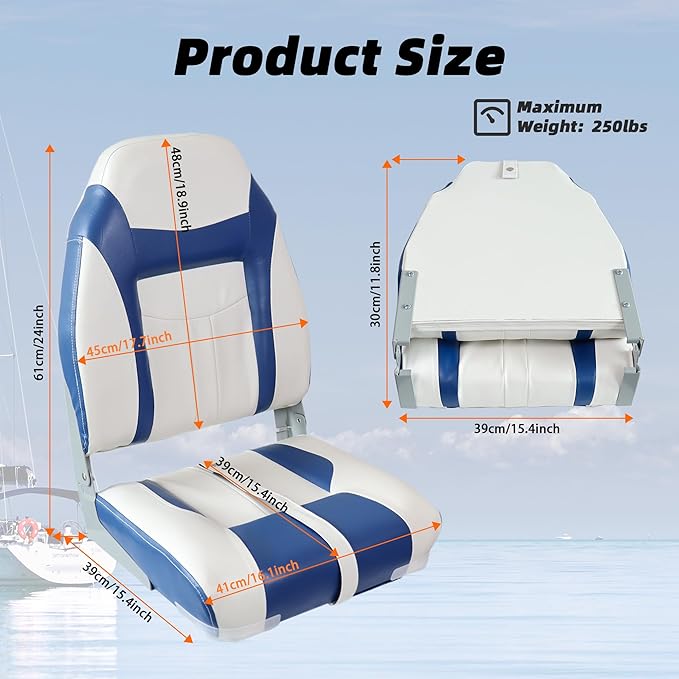 2-Pack High Back Boat Seat with Thickened Sponge Padding and Hinge, Fold-Down Boat Captain Chairs, Easy to Store, Ideal for Fishing, Sightseeing