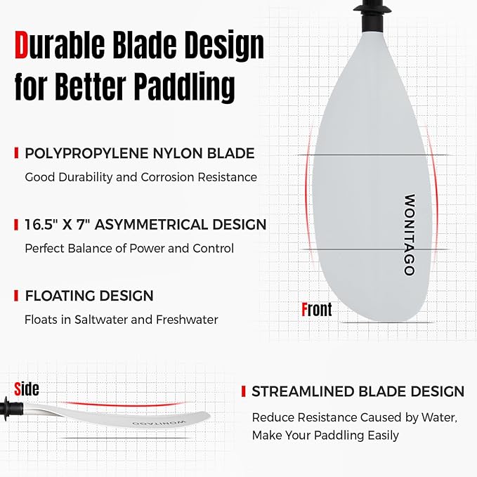 Kayak Paddle with Fiberglass Shaft and Reinforced Nylon Blade, Adjustable Kayaking Oars, 3 Piece, 230-250 cm/90-98 inches, 210-230 cm/82-90 inches