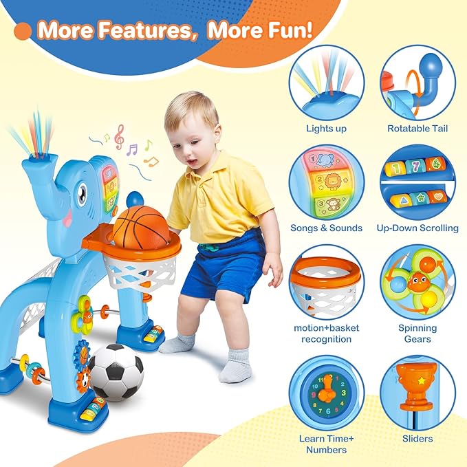 Shemira Toddler Basketball Hoop & Soccer Goal Activity Center Toys with Light & Music,Elephant Toddlers Musical Toys Gift, Baby & Toddlers Christmas Birthday Gift for 1 2 3 Year Old Boys & Girls