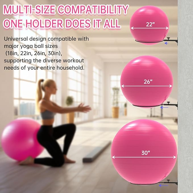 Universal Wall-Mounted Exercise Ball Holder - Adjustable Yoga Ball Storage Rack for 14 to 30 Inch Stability Balls, Heavy-Duty Metal Wall Mount with 12-Inch Diameter Ring, Space-Saving Design