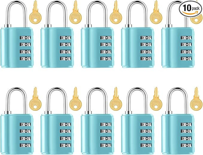 Kenning 10 Pcs Combination Padlock 4 Digit Combination Lock with Keys Locker Resetable Security Outdoor Waterproof Lock for School Sports Gym Locker Employee Fence Case (Blue)