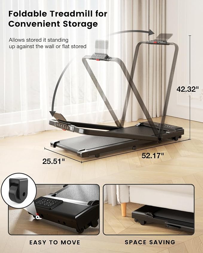 DeerRun 3 in 1 Walking Pad Treadmill, 300 Weight Capacity Foldable Treadmill, 3.0HP Low Noise Under Desk Treadmills for Home Office with Remote & APP