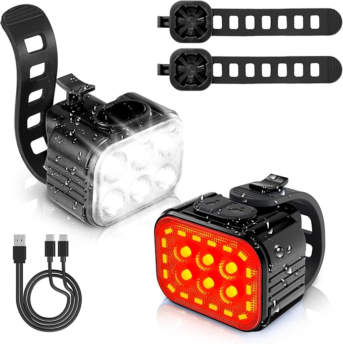 WORKPRO Bike Lights Set [8+13 Modes], Rechargeable Bicycle Light Set Ultra Bright, IP65 Waterproof Bike Lights for Night Riding, 1200mAh Bike Headlight and Tail Light Reflectors