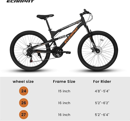 24/26/27.5 Inch Mountain Bike, Dual Full Suspension 21 Speed Womens Mens Mountain Bikes, Commuter Bike with Carbon Steel Frame and Dual Disc Brakes