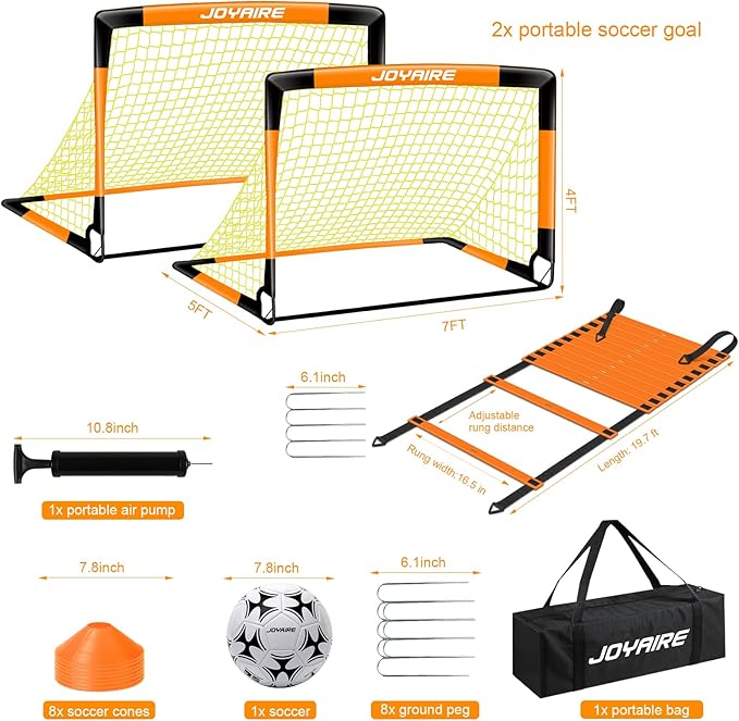 Kids Soccer Goals for Backyard Set, Portable Toddler Soccer Goal 2 of 4x3 ft, 6x4 ft, 7x5 ft, Soccer Training Equipment, Pop Up Soccer Net Kit with Size 4 Soccer Ball, Youth Games, Outdoor Sports Play