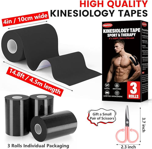 3 Rolls Kinesiology Tape, 4 inch x 14.8 Feet Waterproof Athletic Tape, Uncut Kinetic Tape, Elastic Muscle Tape, Sports Tape, Knee Tape for Exercise and Daily Use - Black