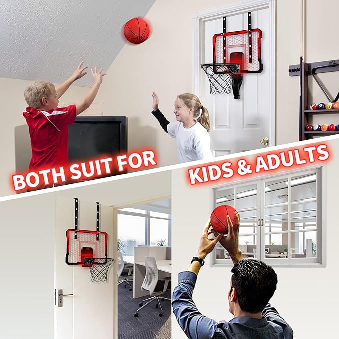 QDRAGON Indoor Basketball Hoop for Kids, Over The Door Mini Basketball Hoops with 7 LED Lighting, Basketball Toys Gifts for 5 6 7 8 9 10 11 12 Year Old Boys Girls Teens, Red