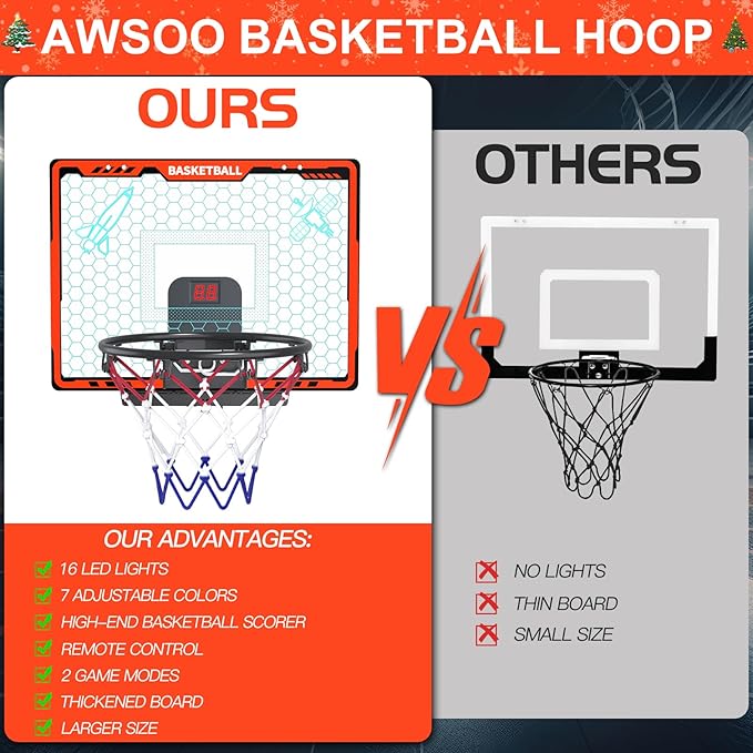 Awsoo Basketball Hoop Indoor for Kids，Mini Basketball Hoop with Colorful Light Bar，Scoreboard& 4 Basketballs, Basketball Toys Gifts for 3 4 5 6 7 8 9 10 11 12 Year Old Boys Girls (Red)