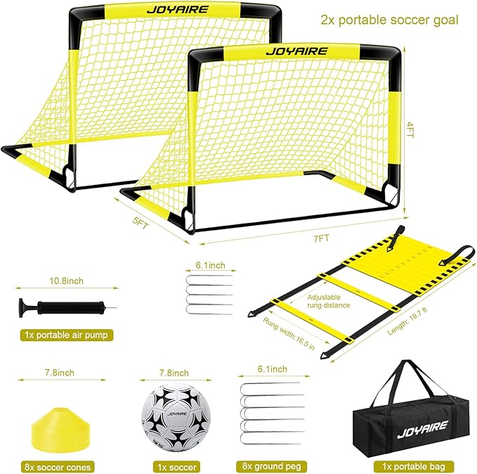 Kids Soccer Goals for Backyard Set, Portable Toddler Soccer Goal 2 of 4x3 ft, 6x4 ft, 7x5 ft, Soccer Training Equipment, Pop Up Soccer Net Kit with Size 4 Soccer Ball, Youth Games, Outdoor Sports Play